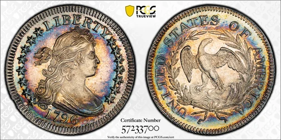 Representative 1796 Small Eagle quarter, PCGS MS67 Green-Newman specimen, not either cited sale specimen