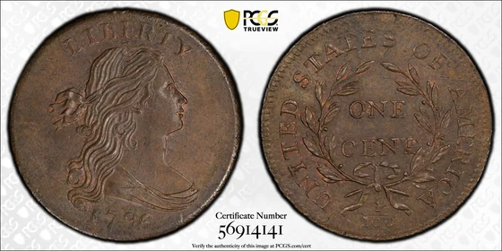 1796 Draped Bust cent, Reverse of 1795 (S-92), PCGS MS65+BN specimen, obverse and reverse