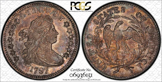 PCGS MS64 1797 13 Stars Draped Bust dime, JR-2, obverse and reverse, reference example