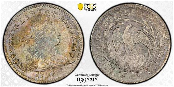 PCGS MS66 1797 16 Stars Draped Bust dime, JR-1, obverse and reverse, reference example