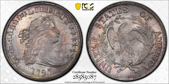 PCGS TrueView photograph of 1797 Draped Bust Dollar, 10 by 6 Stars