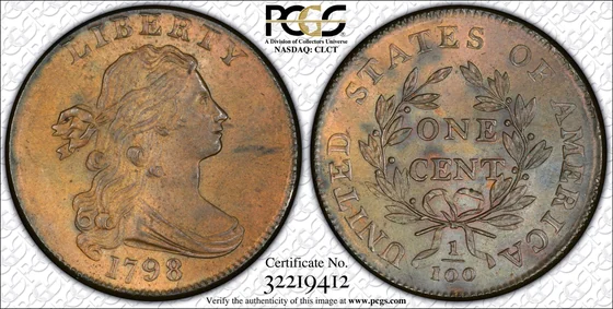 1798 Draped Bust cent, Second Hair Style (S-179), PCGS MS65+BN specimen, obverse and reverse