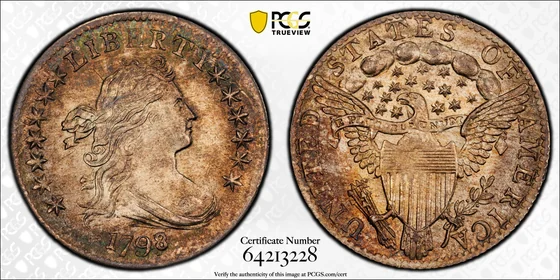 PCGS MS66 1798/7 16 Star Reverse Draped Bust dime, obverse and reverse, reference example