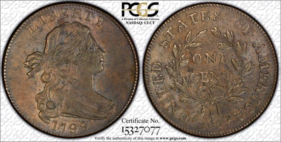 1799/8 Draped Bust cent, PCGS AU58BN specimen, obverse and reverse