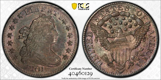 PCGS MS64+ 1801 Draped Bust dime, obverse and reverse, reference example