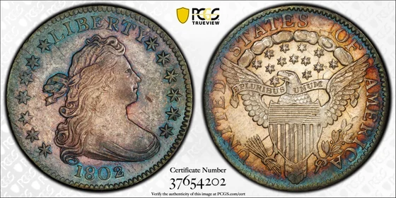 PCGS MS62 1802 Draped Bust dime, obverse and reverse, reference example