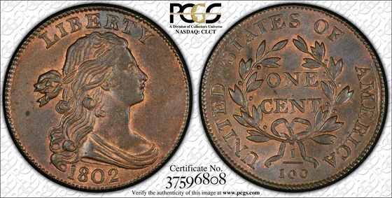 1802 Draped Bust cent, No Stems, PCGS MS64+RB specimen, obverse and reverse