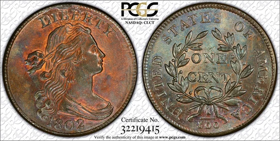 1802 Draped Bust cent, Normal Reverse, PCGS MS67RB specimen, obverse and reverse