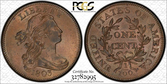 1803 Draped Bust cent, Small Date and Large Fraction (S-257), PCGS MS63+BN specimen, obverse and reverse