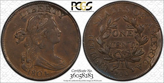 1804 Draped Bust cent, Original Issue, PCGS AU58BN specimen, obverse and reverse