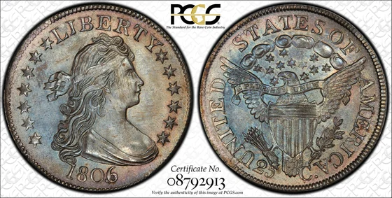 PCGS MS66 1806/5 B-1 Draped Bust quarter, obverse and reverse, reference example