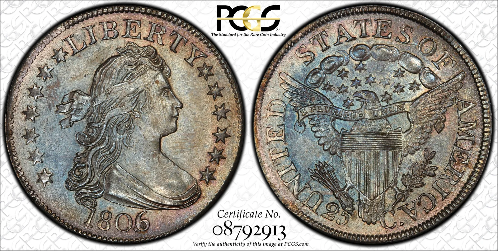 PCGS MS66 1806/5 B-1 Draped Bust quarter, obverse and reverse, reference example