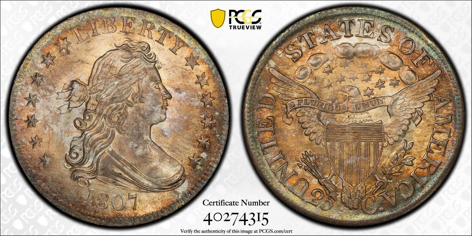 PCGS TrueView photograph of 1807 Draped Bust Quarter