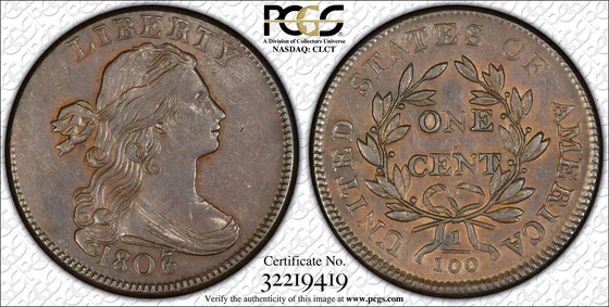 1807/6 Draped Bust cent, Small 7 (S-272), PCGS AU55BN specimen, obverse and reverse