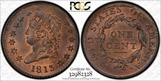 1813 Classic Head cent (S-293), PCGS MS64RB specimen, obverse and reverse