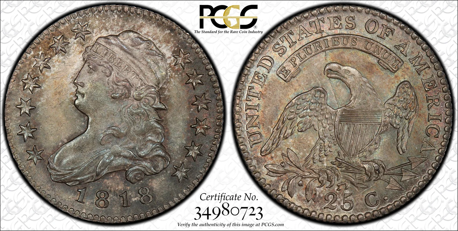 PCGS MS66 1818/5 B-1 Capped Bust quarter, obverse and reverse, reference example