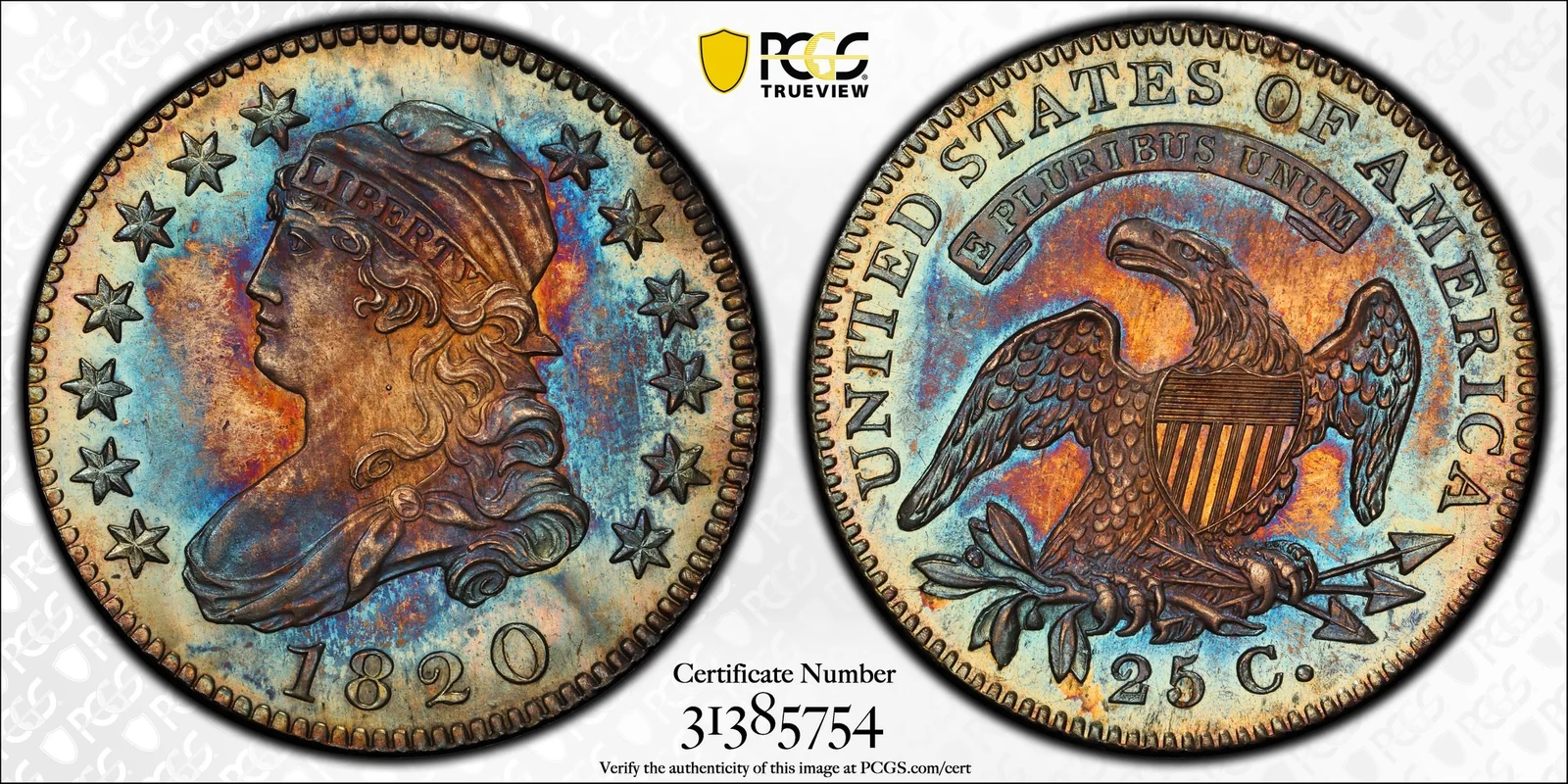 PCGS PR66 1820 Capped Bust proof quarter, obverse and reverse, reference example