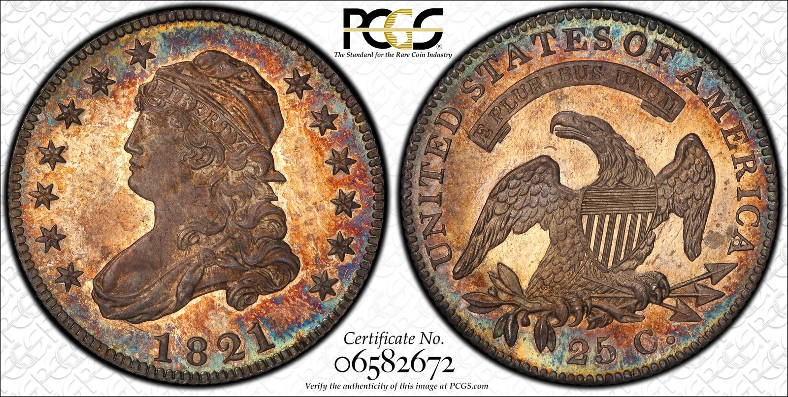 PCGS PR67 1821 Capped Bust proof quarter, obverse and reverse, reference example