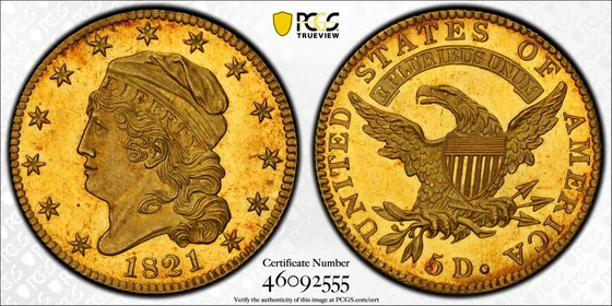 PCGS TrueView photograph of 1821 Capped Bust Half Eagle, Proof
