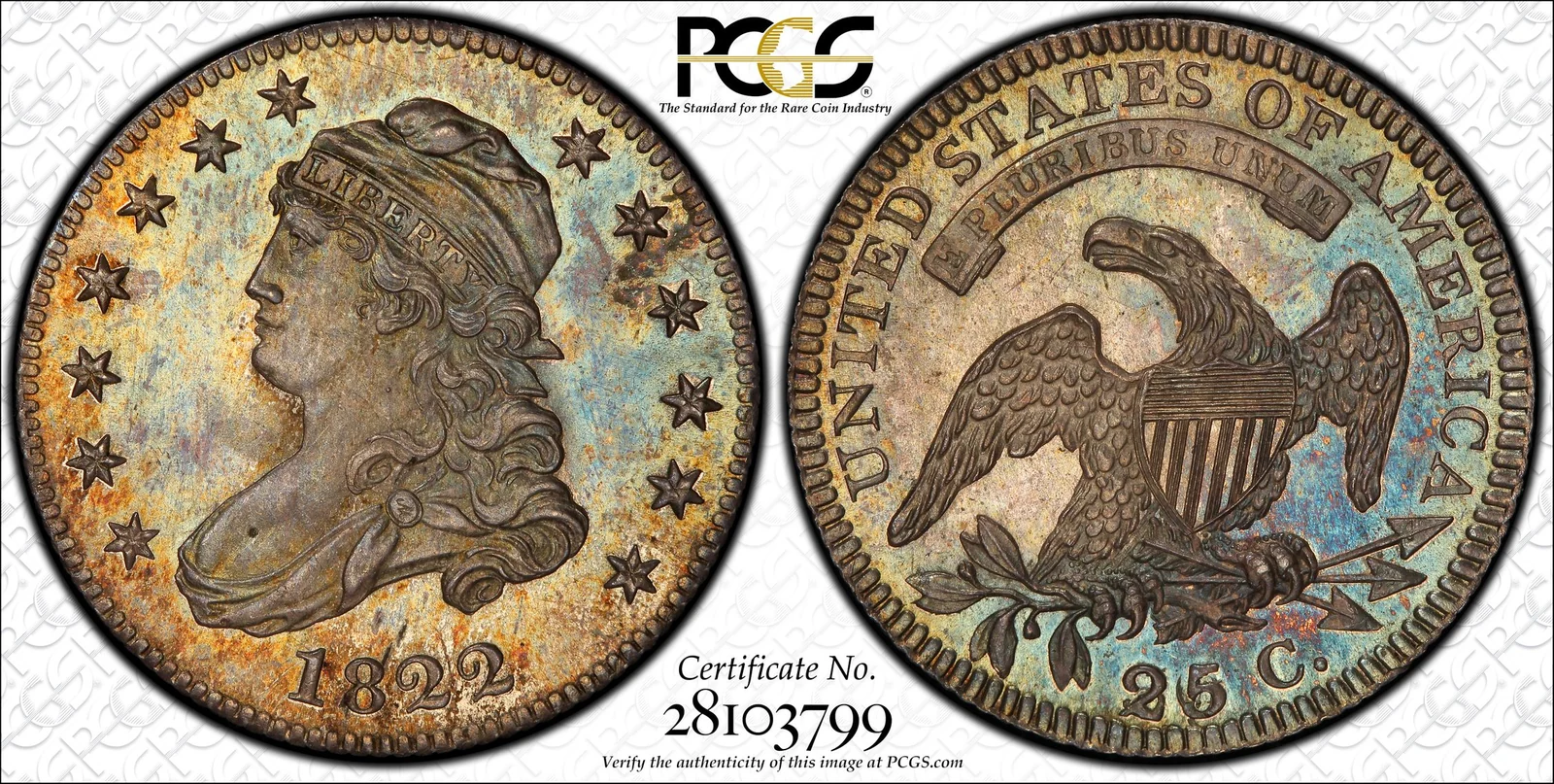 PCGS PR65 1822 25/50C Capped Bust proof quarter, obverse and reverse, reference example