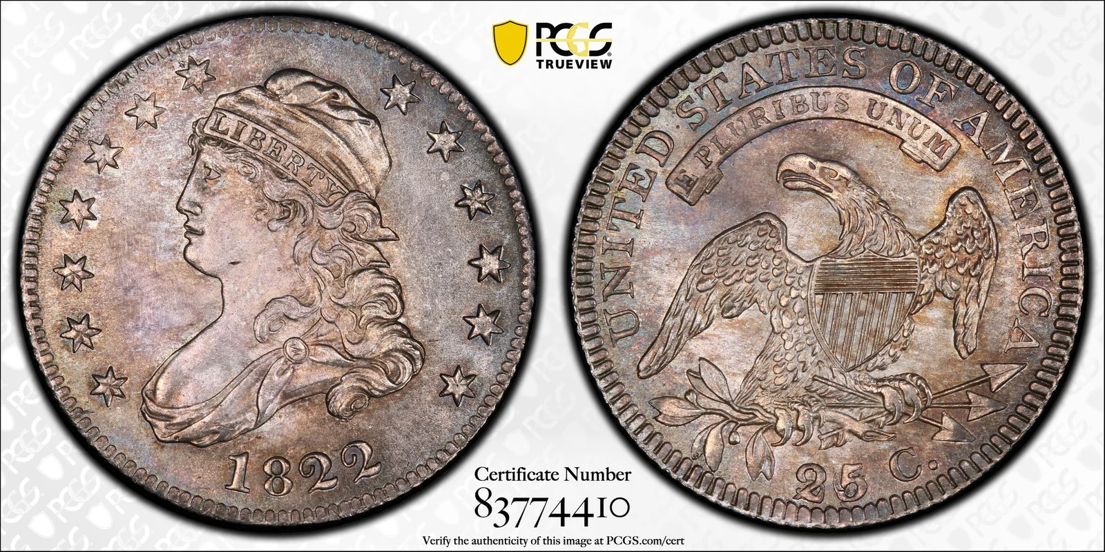 PCGS MS65+ 1822 B-2 25/50C Capped Bust quarter, obverse and reverse, reference example