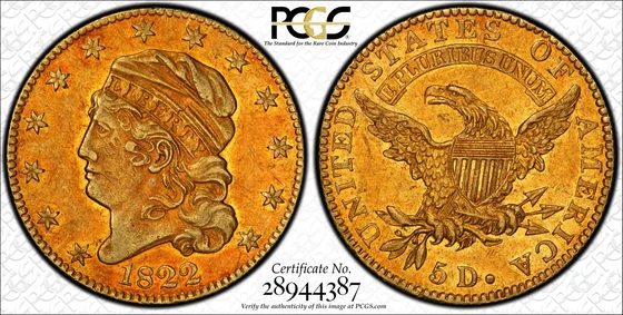 Obverse and reverse of the 1822 Capped Bust half eagle graded PCGS AU50