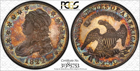 PCGS PR67 1822 Capped Bust proof quarter, obverse and reverse, reference example