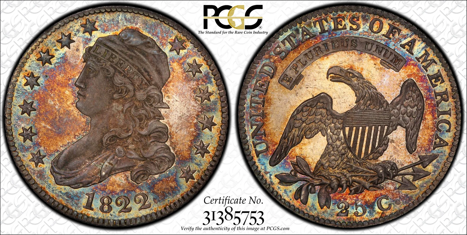 PCGS PR67 1822 Capped Bust proof quarter, obverse and reverse, reference example