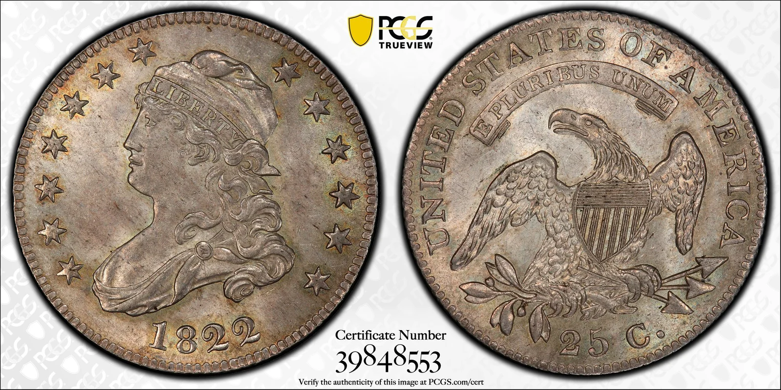 PCGS MS65 1822 B-1 Capped Bust quarter, obverse and reverse, reference example
