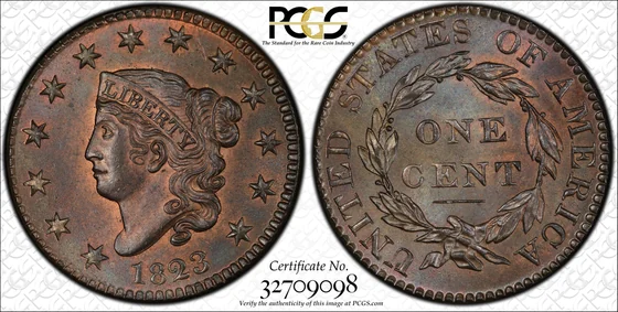 1823 Matron Head cent, Original Issue (N-2), PCGS MS66BN specimen, obverse and reverse