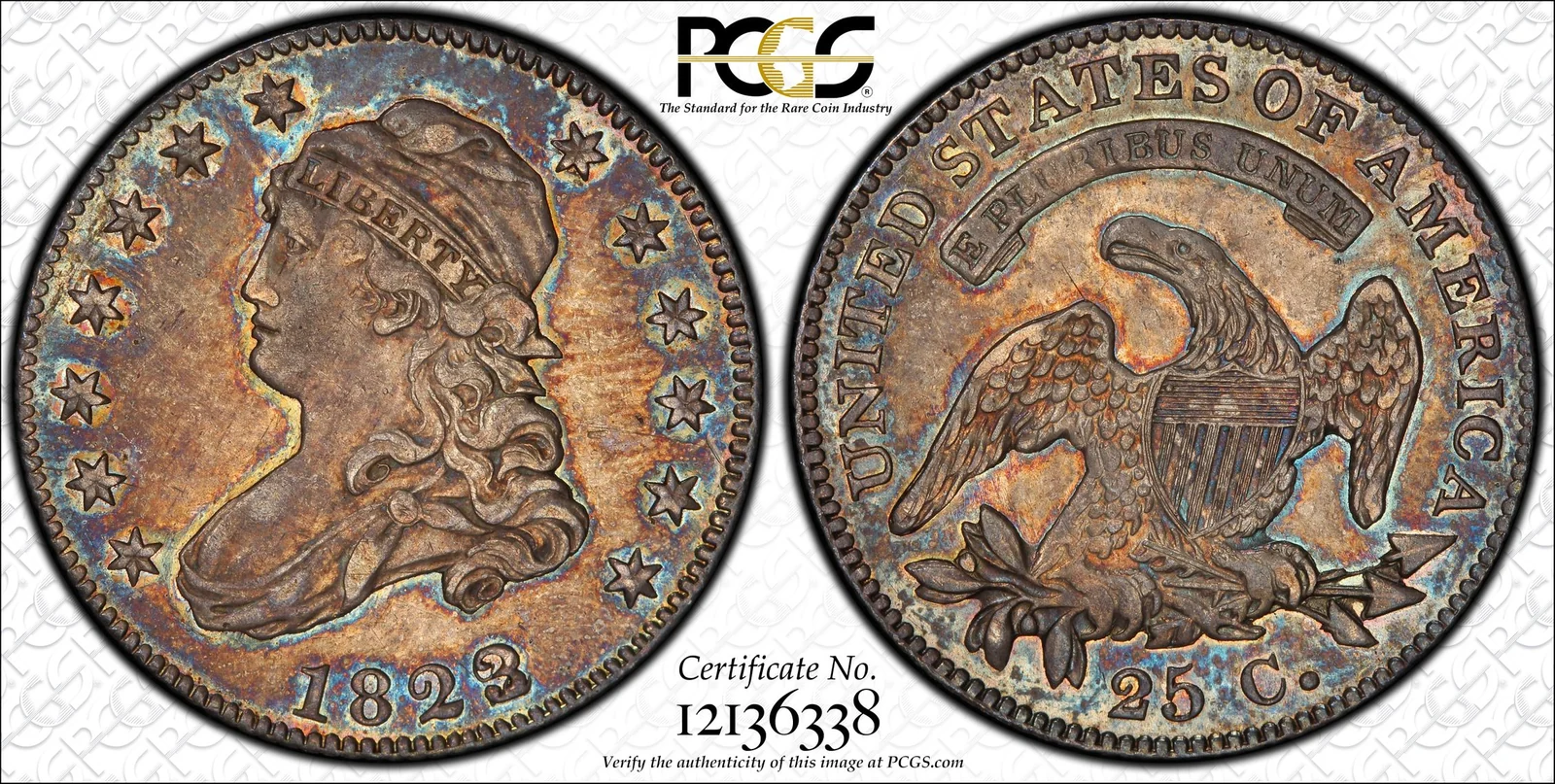 PCGS TrueView of the 1823/2 quarter, AU58 Norweb-Pogue benchmark specimen