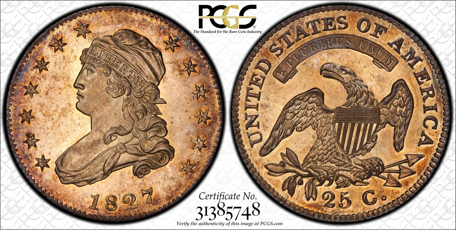 1827/3 Original Capped Bust Quarter, Proof