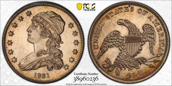 PCGS PR64 1831 Large Letters Capped Bust proof quarter, obverse and reverse, reference example