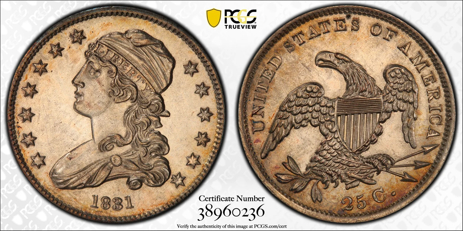 PCGS PR64 1831 Large Letters Capped Bust proof quarter, obverse and reverse, reference example