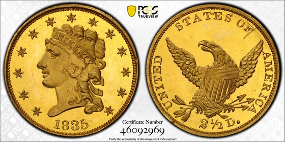 PCGS TrueView photograph of 1835 Classic Head Quarter Eagle, Proof