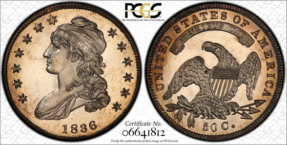 PCGS PR65 Cameo 1836 Lettered Edge Capped Bust proof half dollar, obverse and reverse, reference example