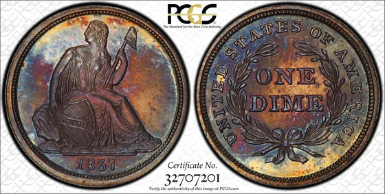 PCGS PR65 1837 Liberty Seated dime, Fortin-101, obverse and reverse, reference example