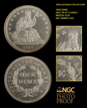 Obverse of the NGC PF67 Cameo 1838 No Drapery Liberty Seated proof dime