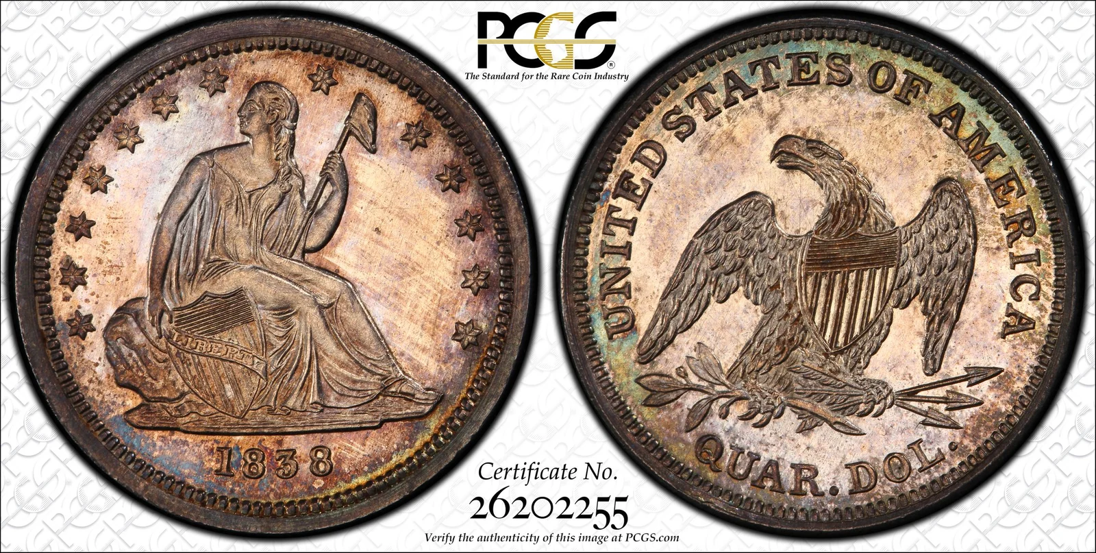 1838 No Drapery Liberty Seated Quarter, Proof