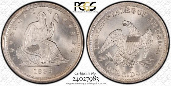 PCGS MS68 1838 No Drapery Liberty Seated quarter, obverse and reverse, reference example