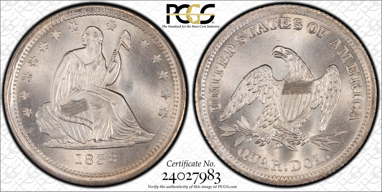 PCGS MS68 1838 No Drapery Liberty Seated quarter, obverse and reverse, reference example