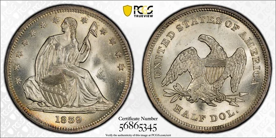 PCGS MS65+ 1839 No Drapery Liberty Seated half dollar, obverse and reverse, reference example