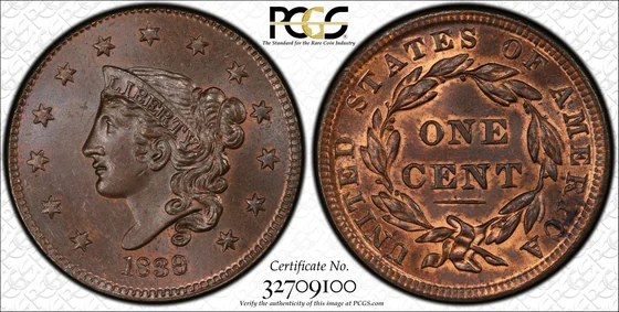 1839/6 Modified Matron Head cent (N-1), PCGS MS65+BN specimen, obverse and reverse