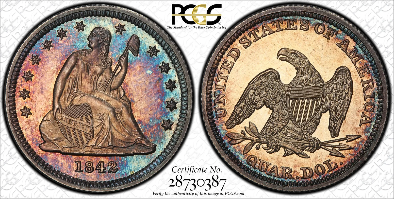 PCGS PR64 1842 Small Date Liberty Seated proof quarter, obverse and reverse, reference example