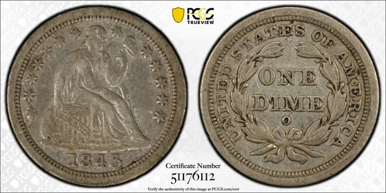 PCGS XF45 1843-O Liberty Seated dime, obverse and reverse, reference example