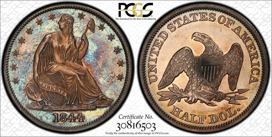PCGS PR65 Cameo 1844 Liberty Seated proof half dollar, obverse and reverse, reference example