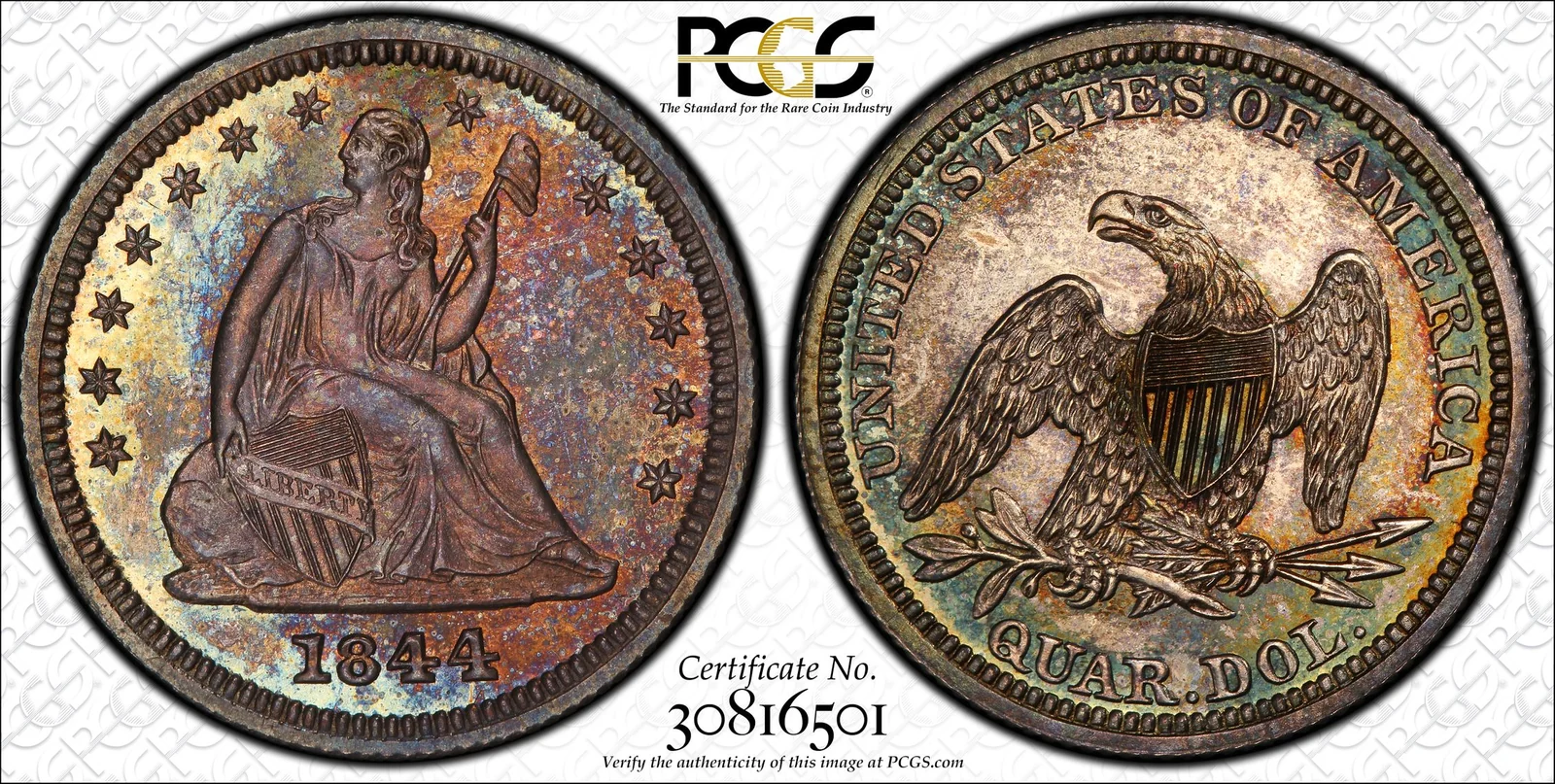 PCGS PR65 1844 Liberty Seated proof quarter, obverse and reverse, reference example