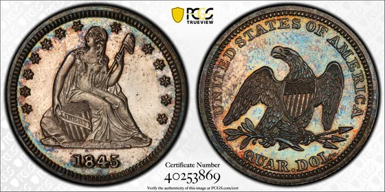 PCGS PR65 1845 Liberty Seated proof quarter, obverse and reverse, reference example