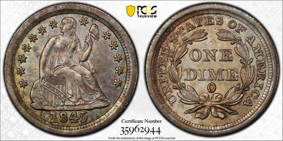 PCGS MS63 1845-O Liberty Seated dime, obverse and reverse, reference example