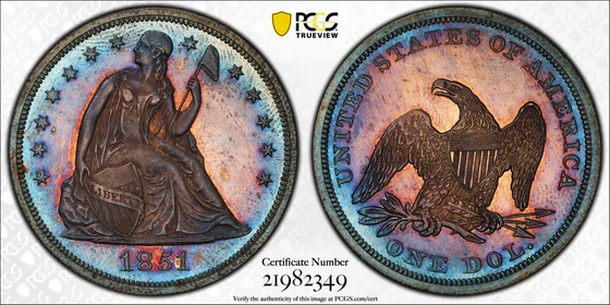 PCGS TrueView photograph of 1851 Liberty Seated Dollar, Proof Restrike